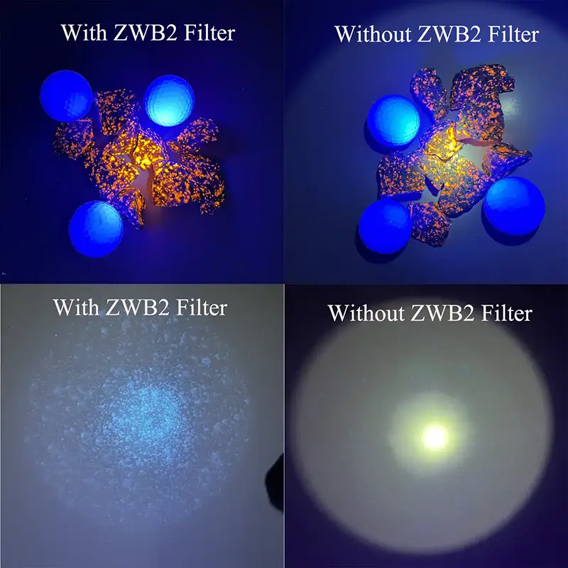 compare 365nm uv flashlight with and without ZWB2 filter-2