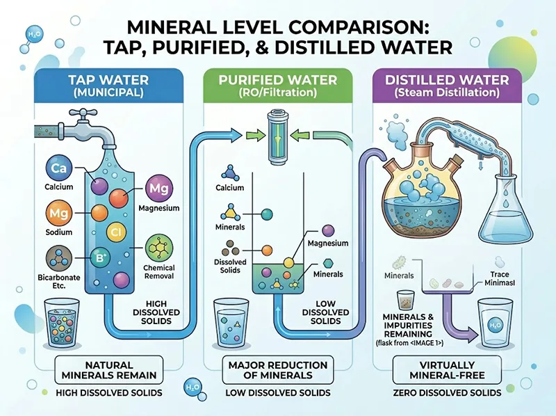 purified water vs distilled water mineral comparison