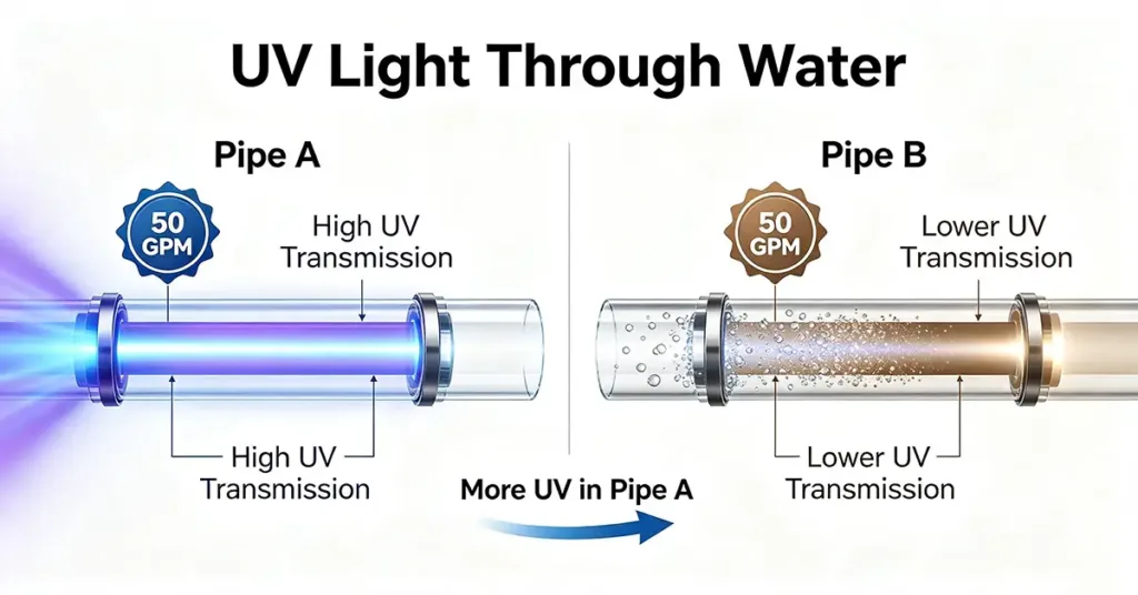 commercial UV water treatment systems flow rate and UV transmittance comparison