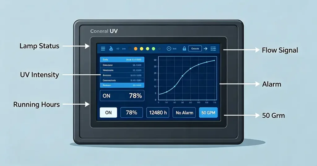 commercial UV water treatment system controller and UV intensity monitor