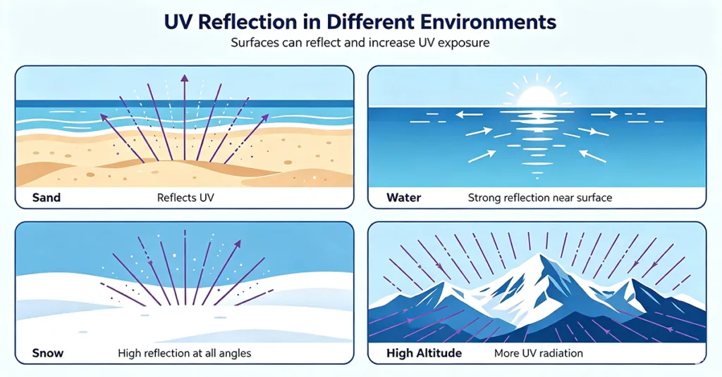 UV rays reflected by water sand snow and high altitude