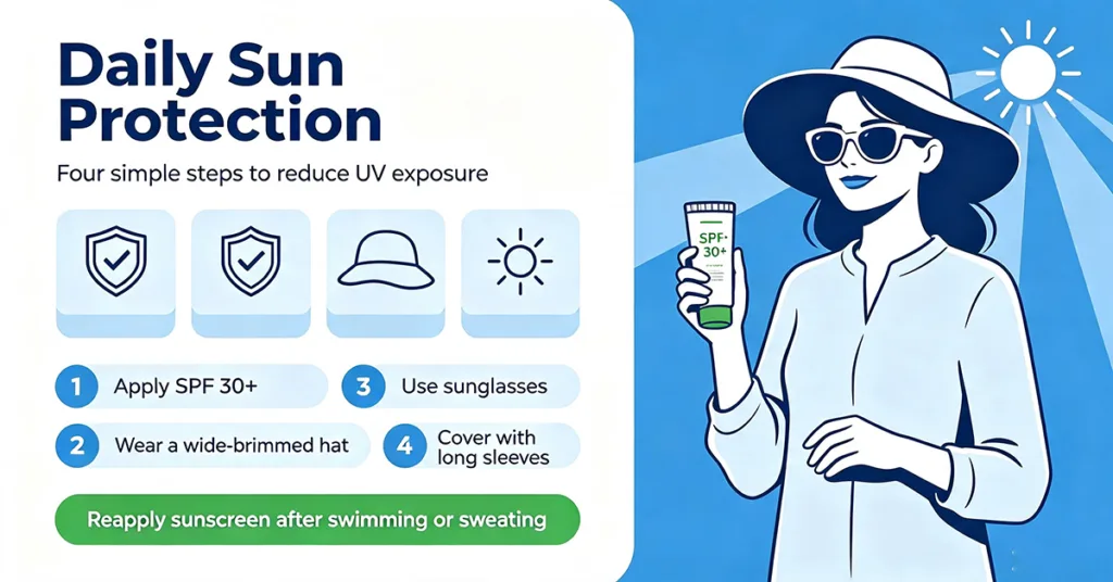 person applying SPF 30 sunscreen and wearing sun protective clothing