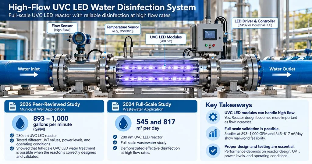 High-flow UVC LED water disinfection system